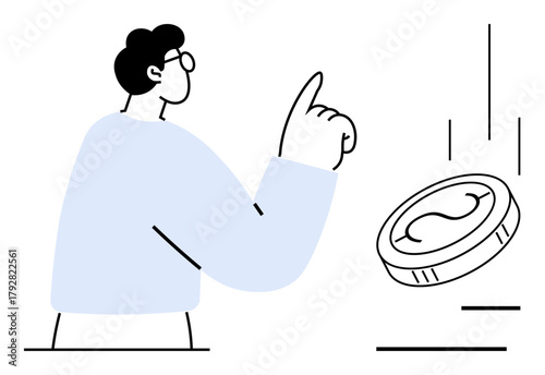 Person in glasses raising finger while flipping a coin, symbolizing decision-making, chance, and options. Ideal for finance, choice-making, uncertainty, probability, business strategy risk