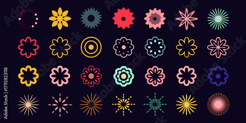 Collection of colorful abstract floral and starburst shapes on a dark background