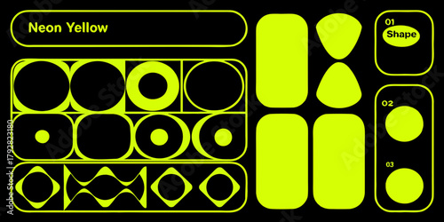 Vibrant neon yellow geometric shapes and abstract forms on a black background