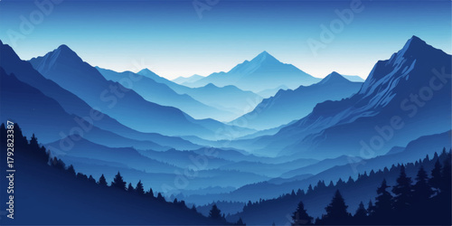 Vector mountain valley artwork featuring terrain depth, pine forests, and atmospheric spacing, perfect for travel-focused graphics, outdoor design themes, and digital landscapes.