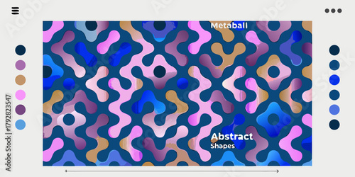Abstract metaball shapes with a playful color palette and textured effects