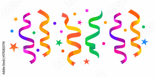 Colorful party streamers and confetti with stars on a white background for celebrations and events