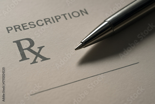 Close-up of a metallic pen resting on a blank prescription form with the “Rx” symbol visible, symbolizing the process of medical documentation and professional healthcare.