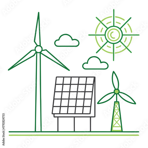 wind turbine and solar panel set line art on white background