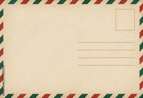 Vintage airmail style postcard featuring blank address lines and a small stamp box on beige textured paper, retro correspondence design ideal for travel memories and mail art