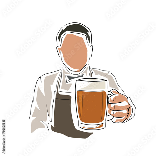 Bartender holding a mug of beer, offering drink to viewer. Man with apron, shirt and bow tie. Isolated vector illustration, flat line art design.
