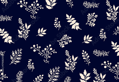Elegant navy blue botanical pattern featuring white hand-drawn leaves and clusters of sprigs, seamlessly repeating for textile, wallpaper, fashion fabric, and home decor designs