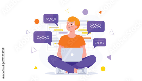 Man Working on Laptop with Creative Thought Bubbles: Flat Design Vector Illustration of Freelancing, Brainstorming, and Remote Work Productivity 