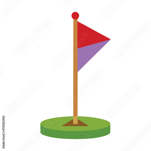Vibrant red and purple golf flag marking the target hole on a green field, symbolizing a player's objective and ultimate achievement