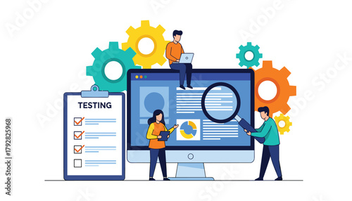 Software Quality Assurance and Website Testing Team: Flat Design Vector Illustration of People Working on Computer Screen, Checklist, and Gears for Bug Fixing and Optimization 