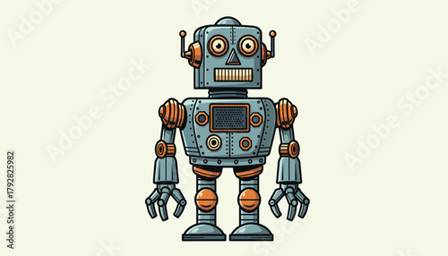 Retro-Futuristic Industrial Robot Illustration: Detailed Metal Vintage Design Vector Graphic with Orange Accents, Ideal for Technology and Children's Themes 
