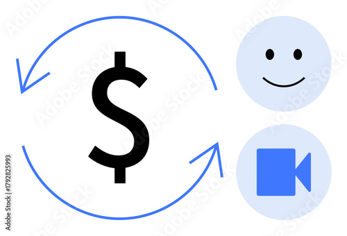 Dollar sign encircled by arrows next to a smiling face and video icon. Ideal for finance, media, technology, communication, marketing, service, innovation scenarios. Simple flat metaphor