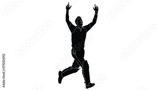 Cricket Player Celebration Silhouette: Athlete Raising Hands in Triumph After a Wicket or Catch, Dynamic Sports Vector Illustration
