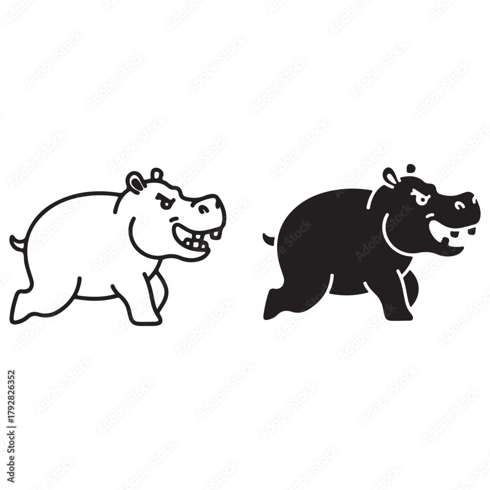 Obraz premium Angry Cartoon Hippos Running in Black and White Outline and Silhouette Styles