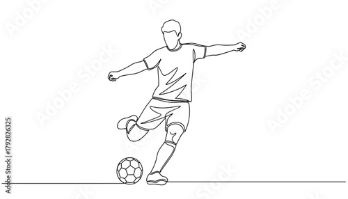 Soccer Player Kicking the Ball: Fluid Continuous Line Art Vector Illustration of a Footballer in Dynamic Action and Motion 