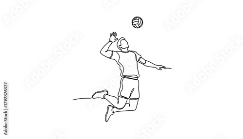 Volleyball Player Mid-Air Spike: Dynamic Line Art Vector Illustration of an Athlete Hitting the Ball, Representing Explosive Action 