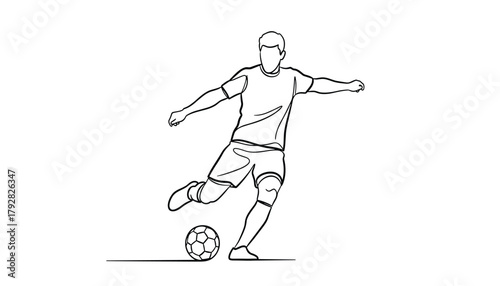 Soccer Player Kicking the Ball: Continuous Line Art Vector Illustration of a Footballer in Action, Representing Dynamic Movement 