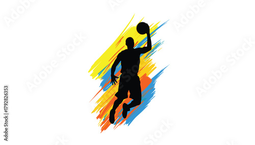 Basketball Player Slam Dunk Silhouette: Dynamic Action with Vibrant Orange, Yellow, and Blue Speed Streaks, High-Energy Sports Vector Illustration 