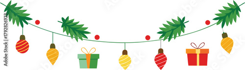 Adobe Illustrator Artwork  Christmas garlands and fir branches. Christmas decoration with pine cones, holly berries, glowing lights, ribbons. For holiday banners, cards, party posters. Transparent bac