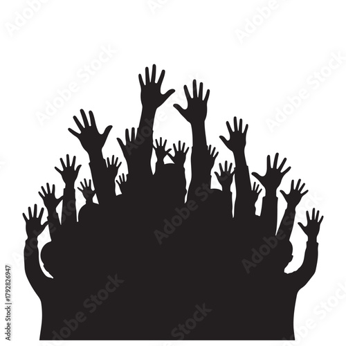 Black Silhouette of a Crowd with Raised Hands on a White Background