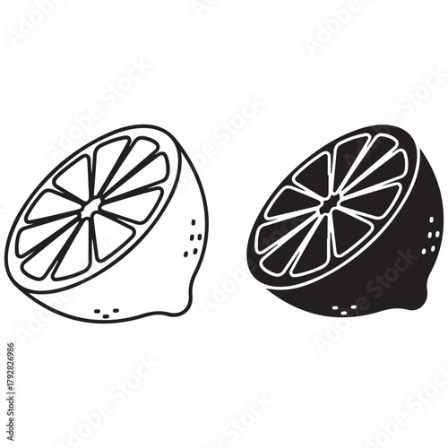 Two Halved Citrus Fruits, Outline and Solid Fill