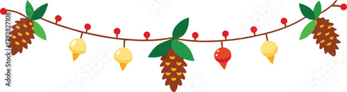 Adobe Illustrator Artwork  Christmas garlands and fir branches. Christmas decoration with pine cones, holly berries, glowing lights, ribbons. For holiday banners, cards, party posters. Transparent bac