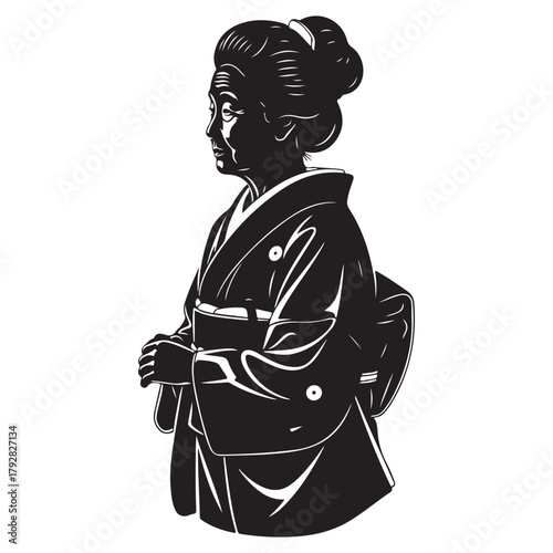 Silhouette of an Elderly Woman in Traditional Japanese Kimono