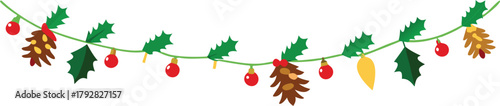 Adobe Illustrator Artwork  Christmas garlands and fir branches. Christmas decoration with pine cones, holly berries, glowing lights, ribbons. For holiday banners, cards, party posters. Transparent bac
