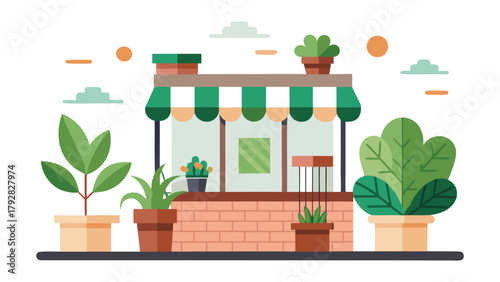 Small urban patio with flower pots and climbing plants vector icon on white background.