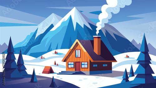 Snowy mountain cabin with smoke vector scene.