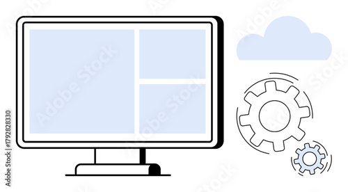 Desktop monitor displaying panels, cogwheels in motion symbolizing process optimization, and a cloud. Ideal for technology, cloud computing, automation, productivity, systems management, data