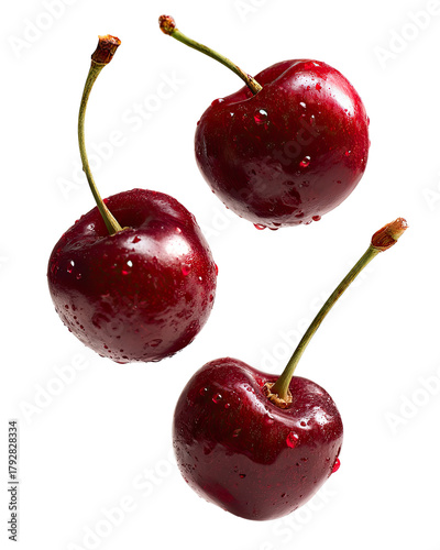 Three ripe cherries, glossy red, with water droplets,  isolated against black