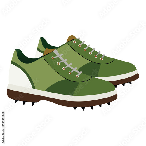 A pair of green golf shoes with spikes for sport, isolated vector illustration