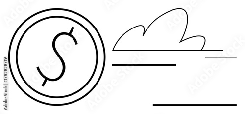Dollar icon next to abstract cloud shape and lines, representing digital finance and cloud storage. Ideal for technology, investment, online banking, cloud services, fintech, innovation, simple flat