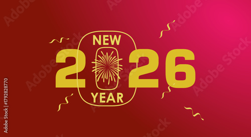 "New Year 2026" graphic with fireworks replacing the zero in the date, on a gradient red background with confetti.