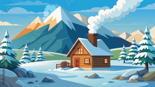 Snowy mountain cabin with smoke vector.