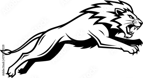 angry lion in a jump line art silhouette vector illustration
