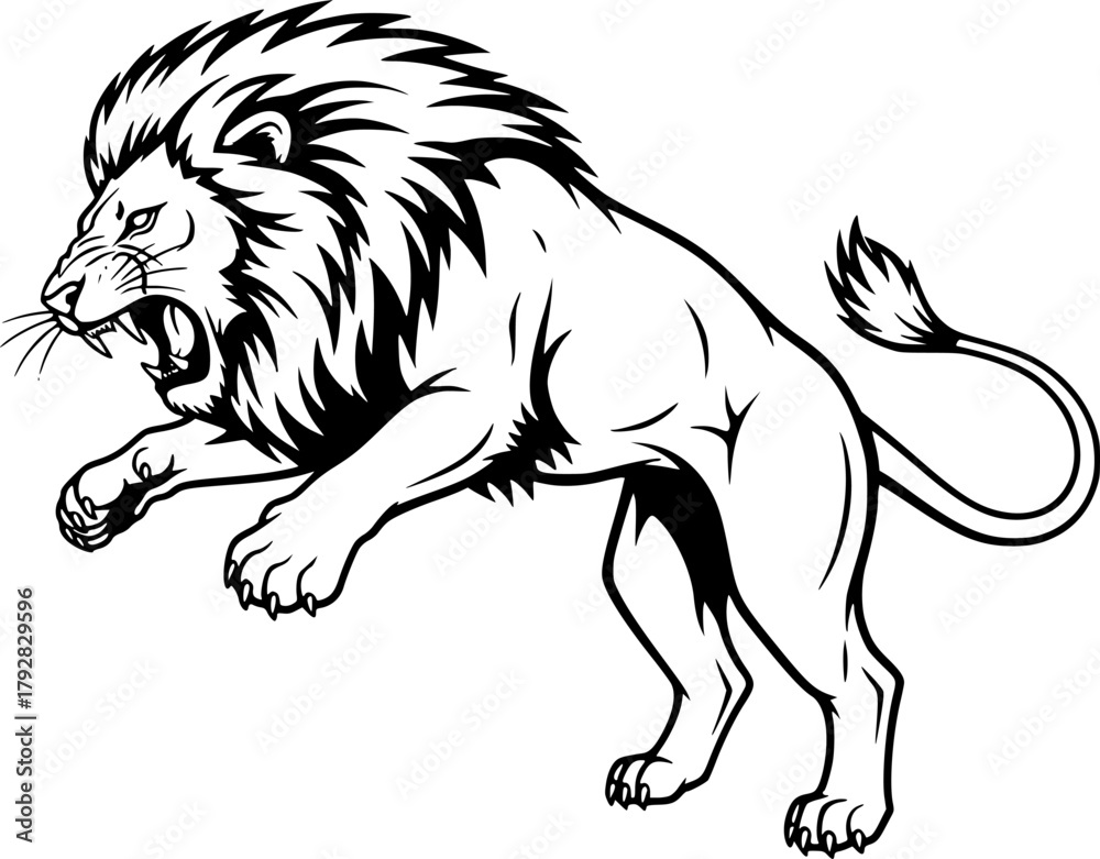 Obraz premium angry lion in a jump line art silhouette vector illustration 