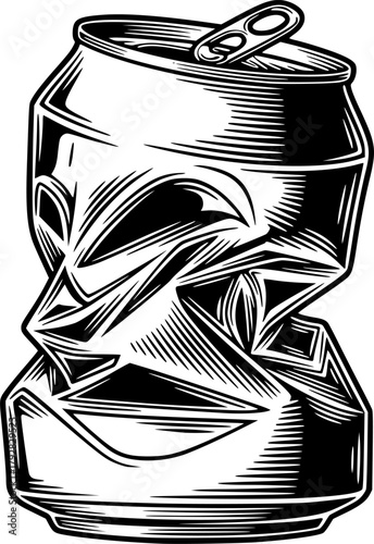 crushed soda can engraving black and white outline
