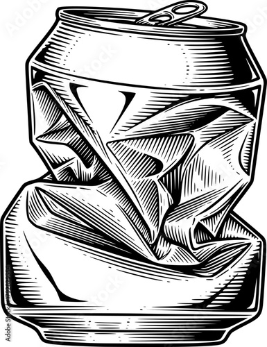crushed soda can engraving black and white outline
