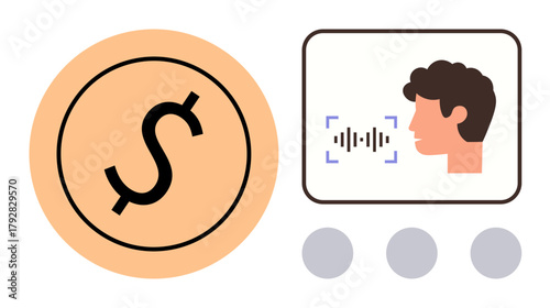 Dollar sign in circle next to user voice input with sound waves displayed on screen. Ideal for finance, authentication, technology, innovation, AI, user security, and communication themes. Clean flat