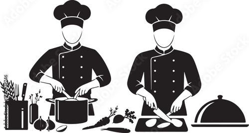 Two chefs working together in a professional kitchen illustration