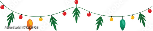 Adobe Illustrator Artwork  Christmas garlands and fir branches. Christmas decoration with pine cones, holly berries, glowing lights, ribbons. For holiday banners, cards, party posters. Transparent bac