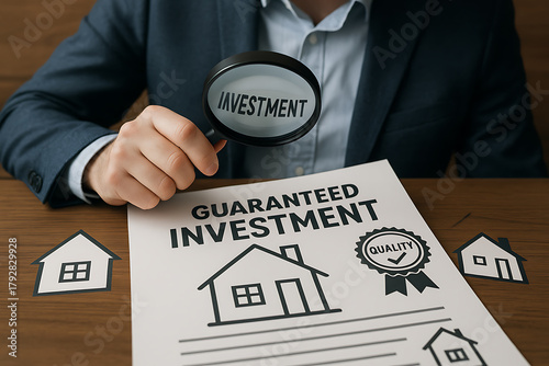 Business investor analyzing guaranteed investment paper with magnifying glass highlighting financial opportunities and profitable real estate deals