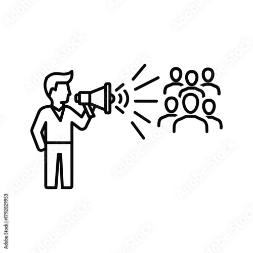 Man with megaphone announcing to a crowd of people