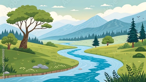 Cartoon river winding through a vibrant landscape of mountains