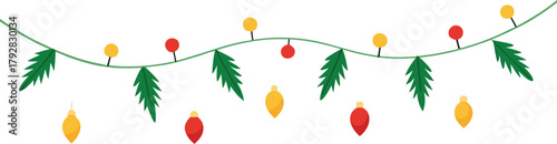 Adobe Illustrator Artwork  Christmas garlands and fir branches. Christmas decoration with pine cones, holly berries, glowing lights, ribbons. For holiday banners, cards, party posters. Transparent bac