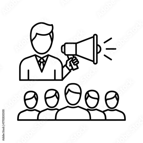 Speaker with megaphone addressing a crowd of people icon