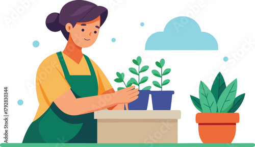 Vector icon of person planting herbs in balcony pot realistic detail.