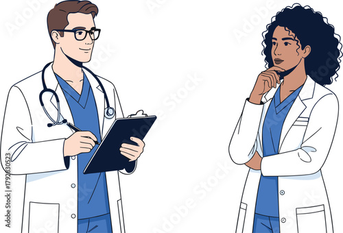 Vector Illustration of Diverse Healthcare Professionals: Male and Female Doctors Discussing a Medical Case, Wearing Lab Coats and Scrubs, Representing Medicine and Consultation.